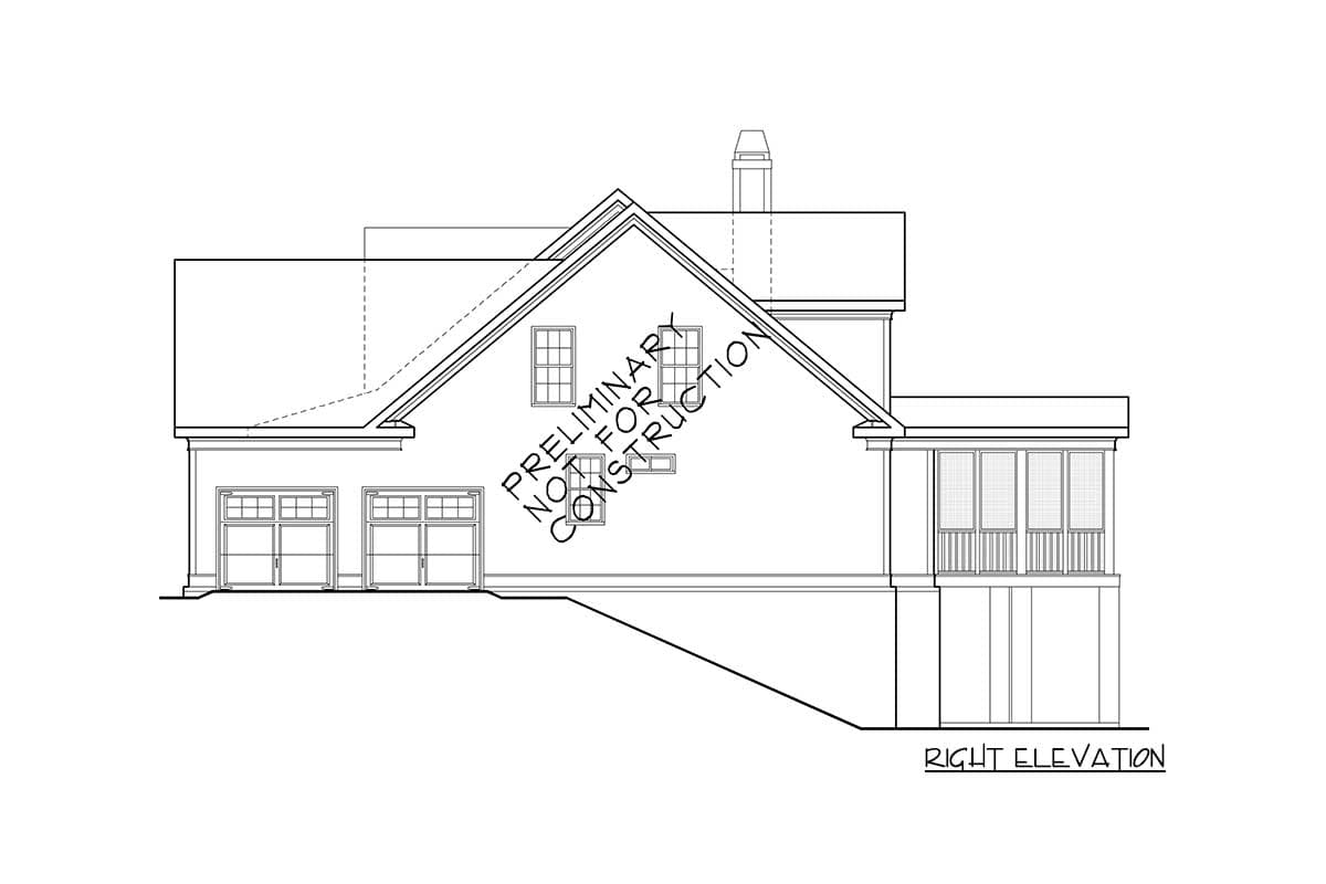 Right elevation house plan showing a gable roof, two garage doors, dormer windows, and a screened porch.