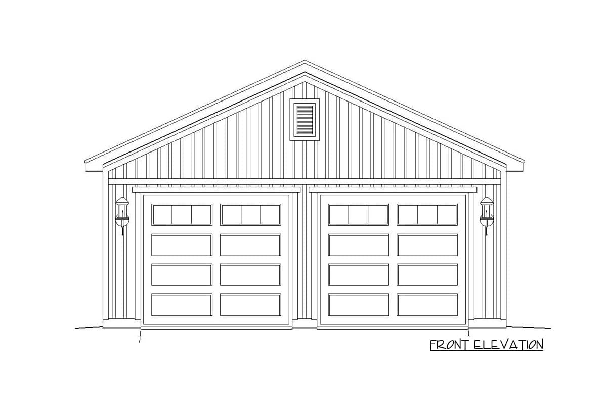 Front elevation drawing of a two-car garage with gable roof, vertical siding, and two paneled garage doors.