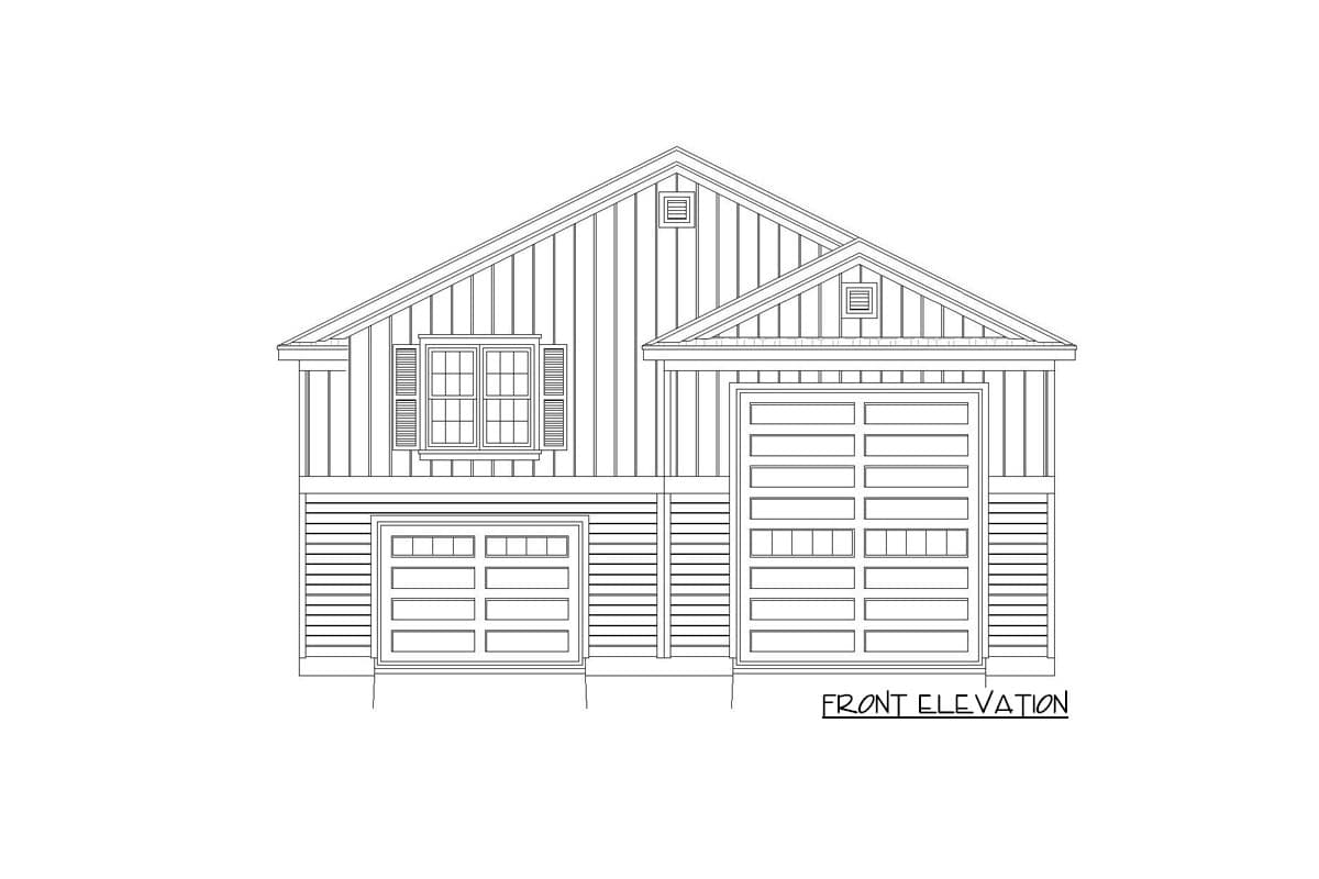 Front elevation drawing of a house plan featuring vertical siding, two garage doors, and a single window.