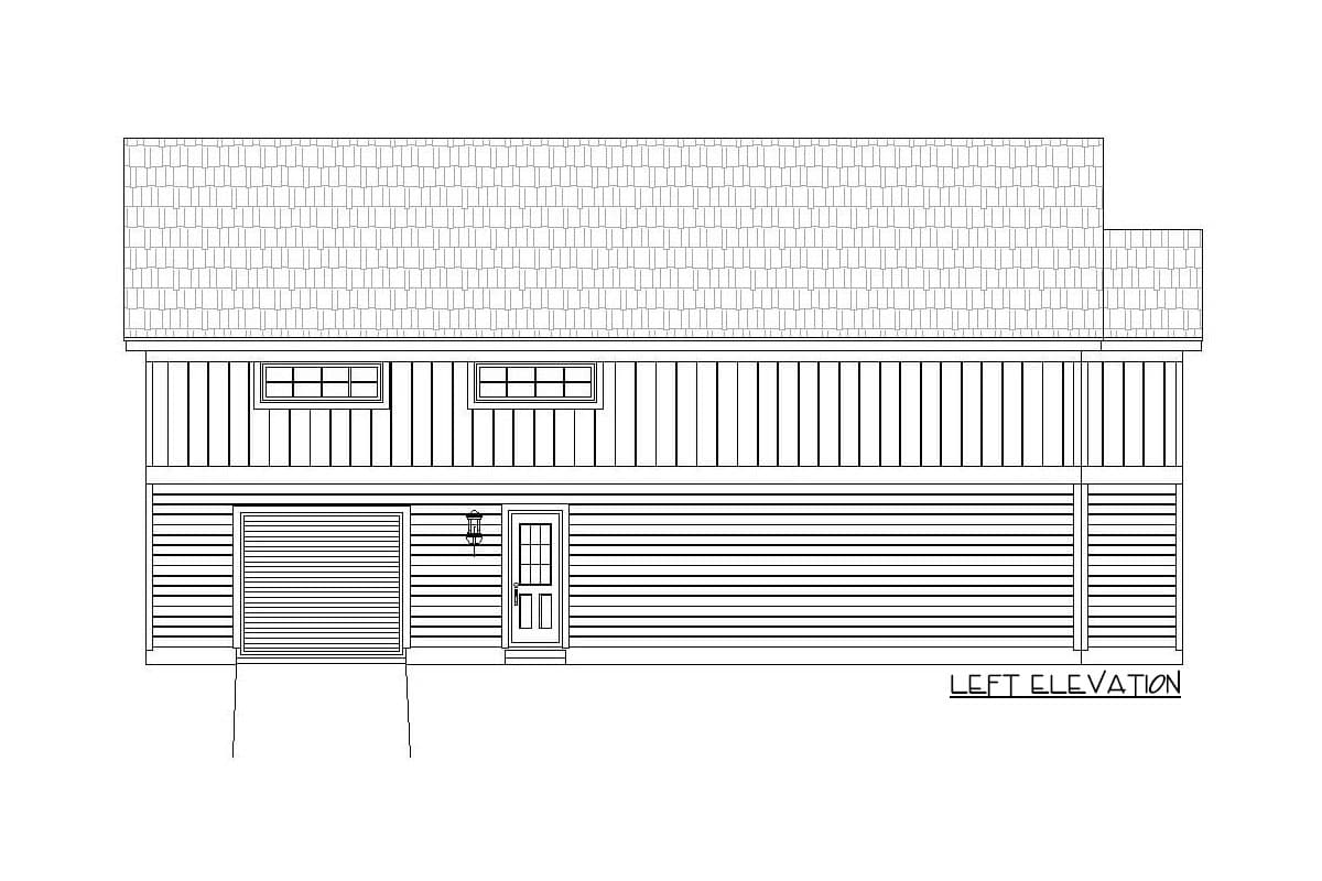Left elevation house plan showing a garage door, entry door, two windows, and pitched roof.