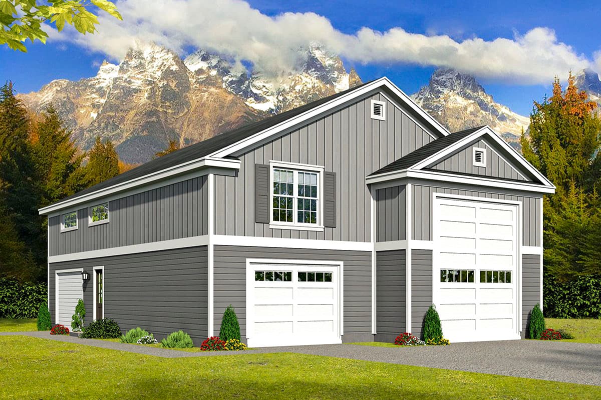 House plan exterior with two stories, gabled rooflines, and multiple garage bays. Features include vertical siding and a symmetrical facade.