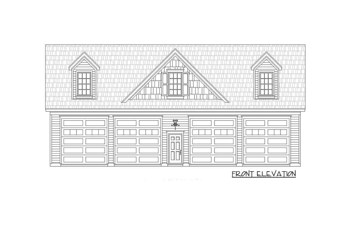 Front elevation of house plan featuring a five-door garage, dormers, and a central entry door.