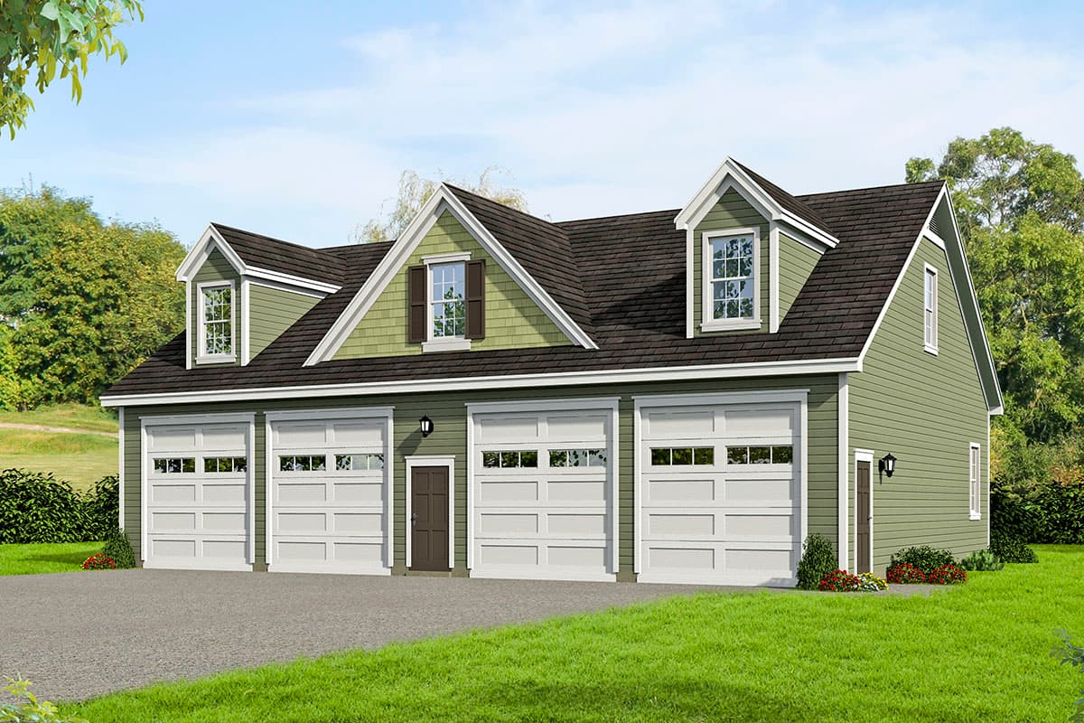 House plan exterior. Two-story structure with a three-car garage. Features include dormers, gables, and a dark shingle roof.