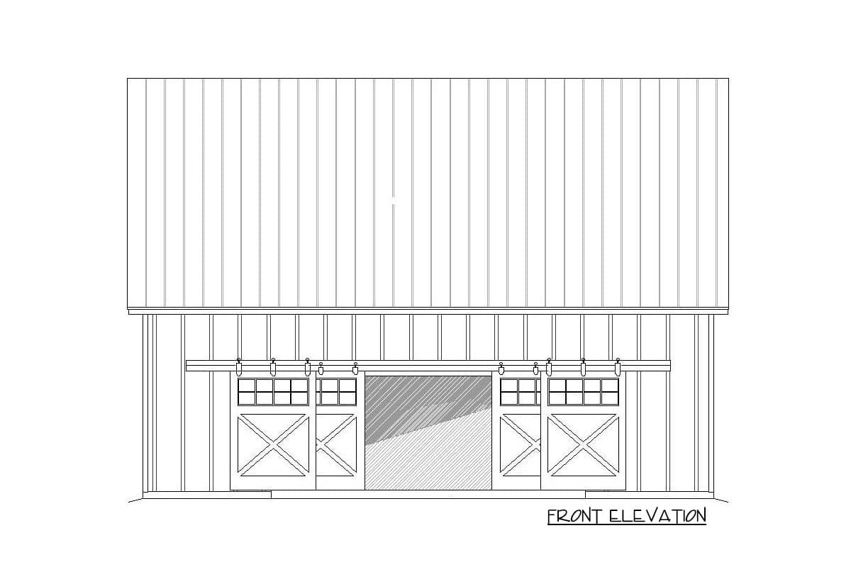 Front elevation drawing of a house with three sliding barn doors and a metal roof.