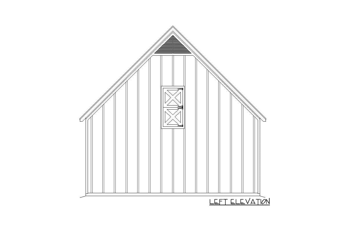 Left elevation house plan: vertical siding, gable roof, attic vent, and double barn-style window.