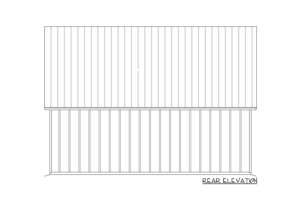 Rear elevation drawing of a house plan showing vertical siding on the upper story and vertical siding with a railing on the lower story.