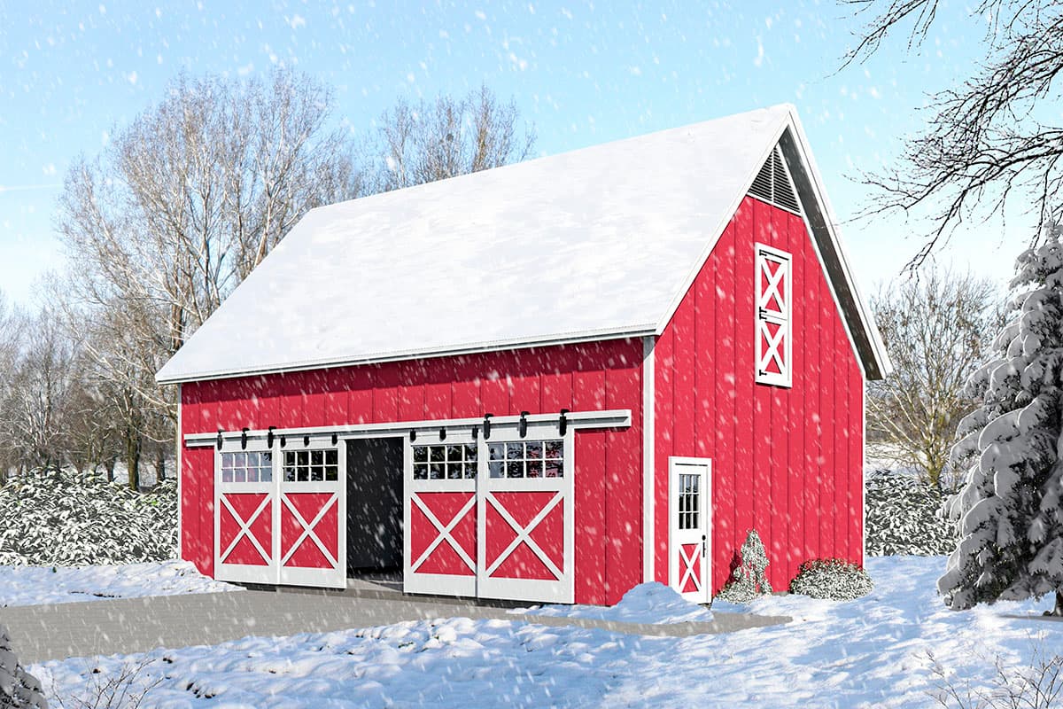 Red barn style house plan exterior with sliding barn doors, a single door, and gable roof, shown in snow.