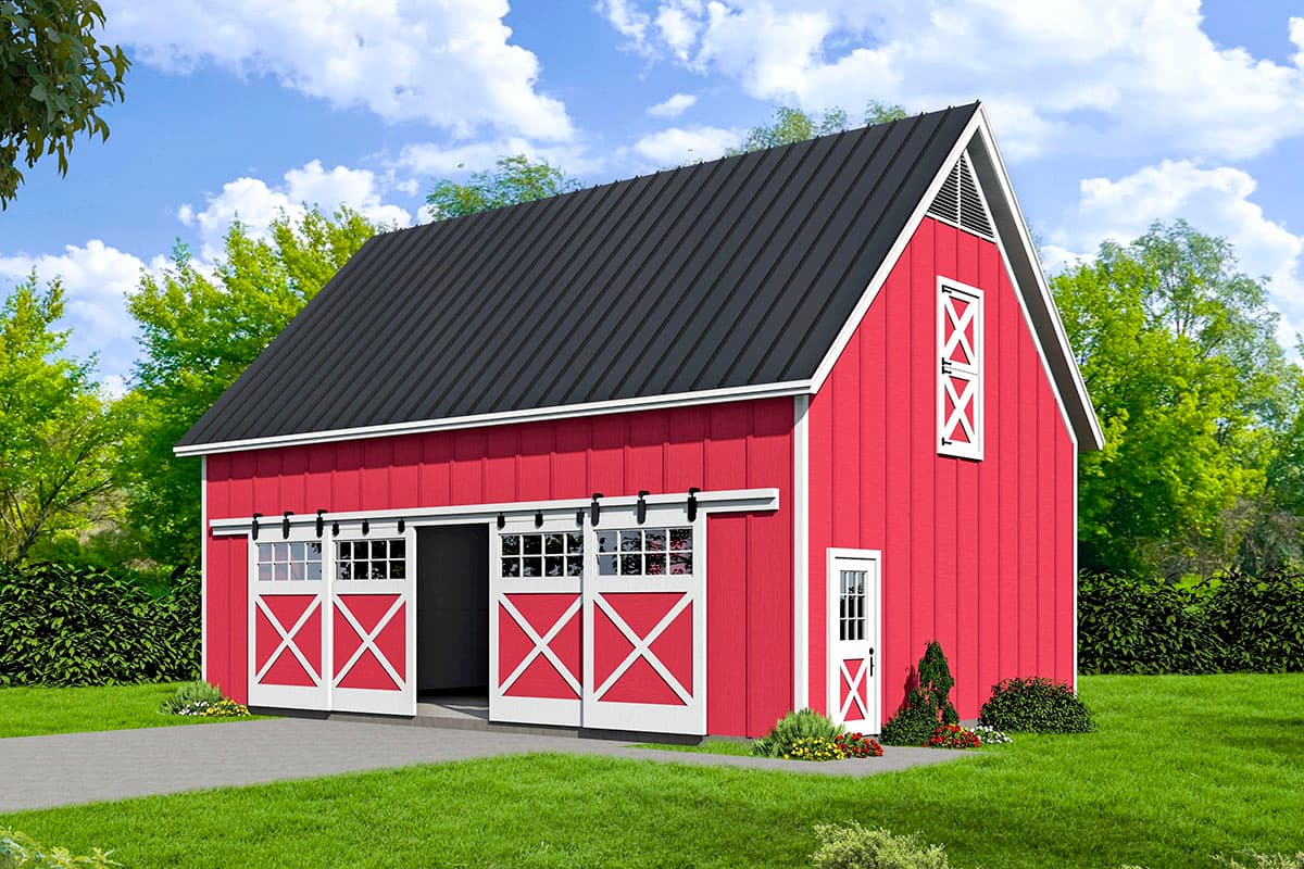 House plan exterior featuring a barn style design with a metal roof, sliding barn doors, a gable, and a single-door entry.