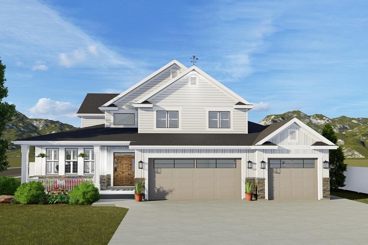 House plan exterior: Modern Farmhouse style, two stories, with a covered front porch, a gable roofline, and a three-car garage.