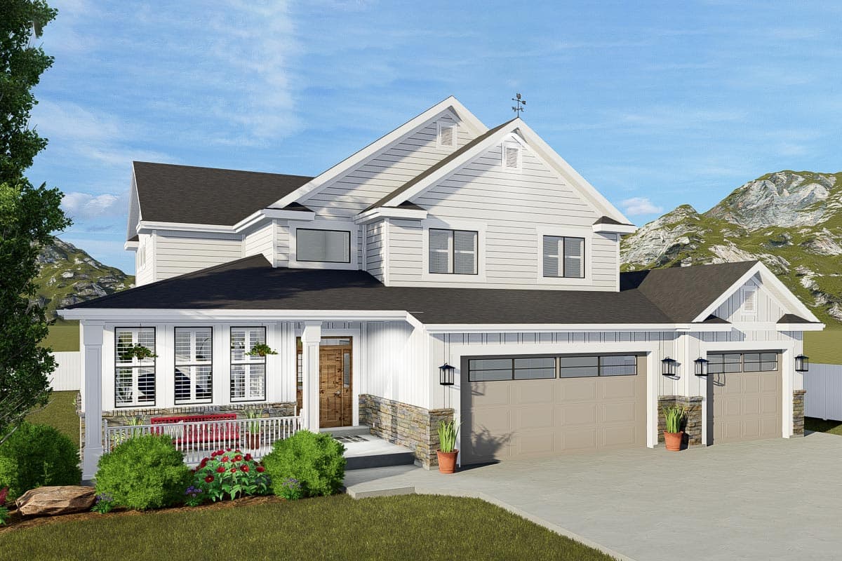 House plan exterior featuring a two-story farmhouse style, porch, gable roof, and three-car garage. Stone accents and dormers are also visible.