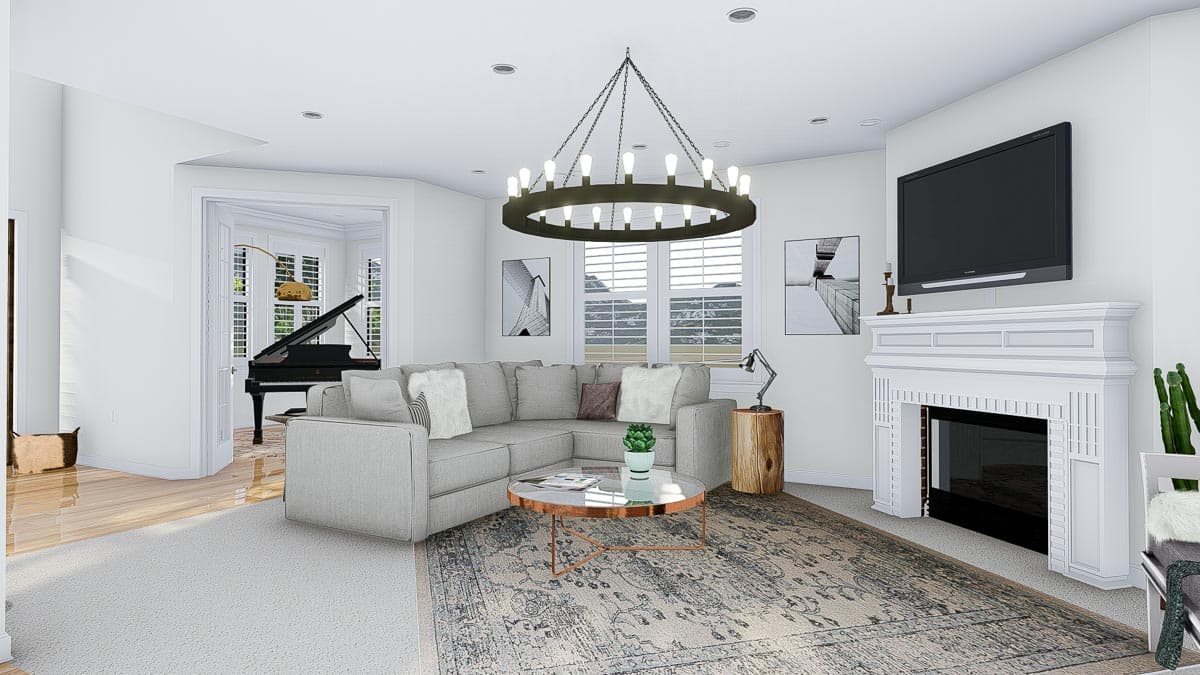 Living room rendering with sectional sofa, fireplace, television, round coffee table, and grand piano visible through doorway.