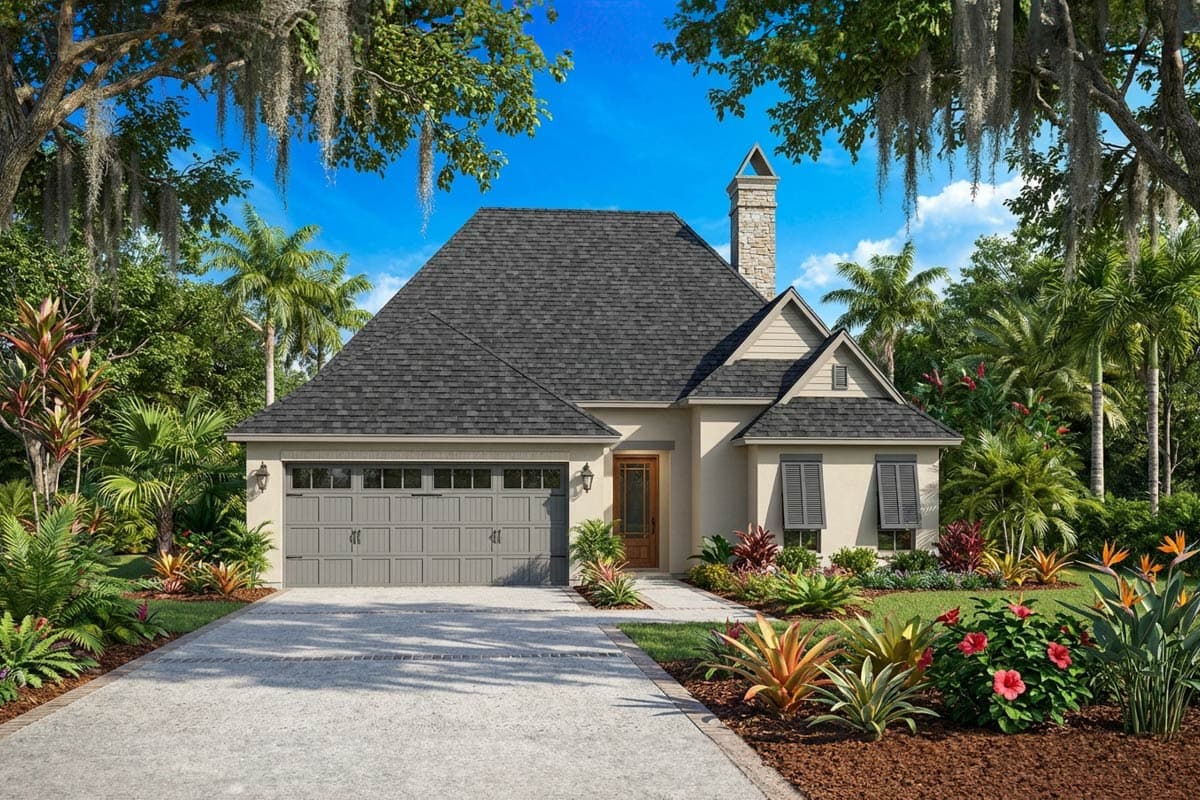 A craftsman-style house with a gray roof and garage, surrounded by lush landscaping including palm trees, with a stone chimney under a blue sky.