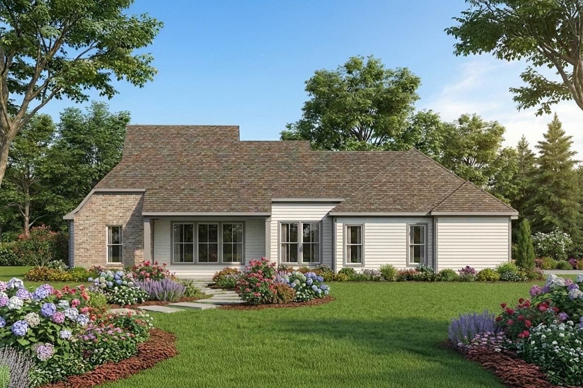 A rendered, single-story house with a brick facade on the left and white siding. Colorful flowers line the front of the home on a well-manicured lawn.