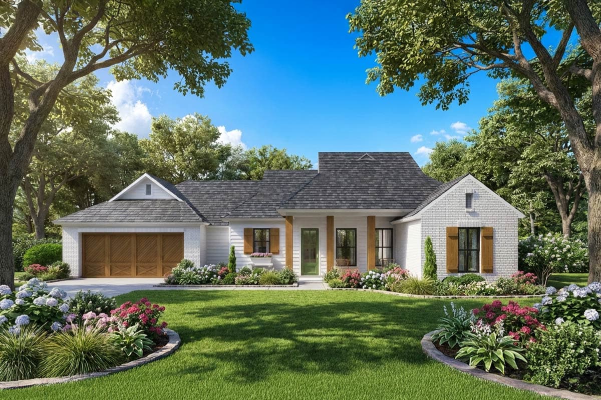 A white brick house with a dark gray roof is framed by mature trees, and features wooden garage doors and shutters with a green front door.
