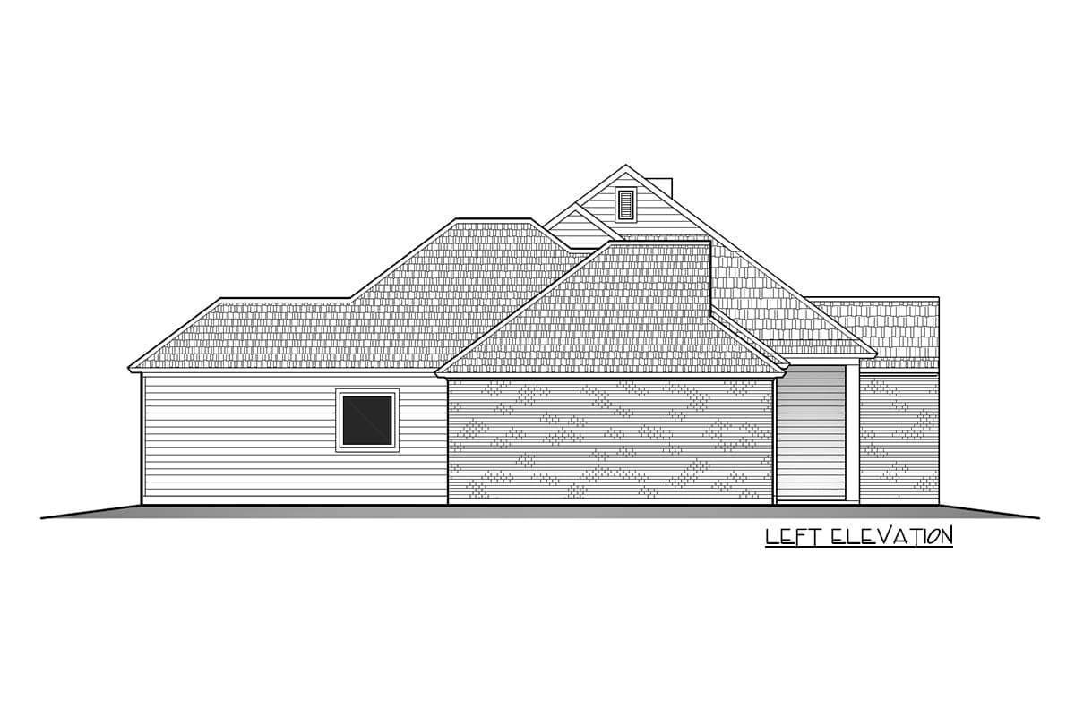 Line drawing of a house's left elevation, showcasing its rooflines, brick facade, and a small window. The design includes text indicating the view.