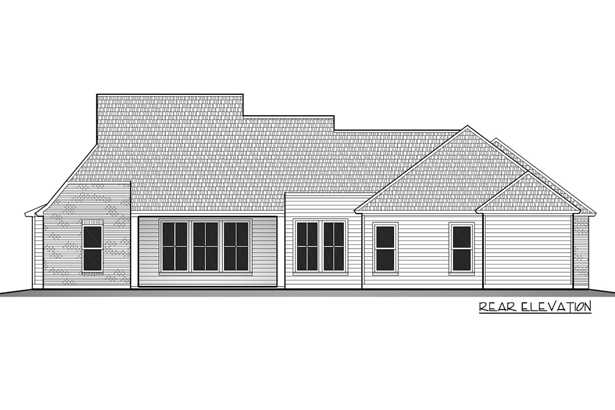 Line drawing of a house rear elevation. Windows and varied siding detail the exterior, with a textured roof. Labeled at the bottom: REAR ELEVATION.