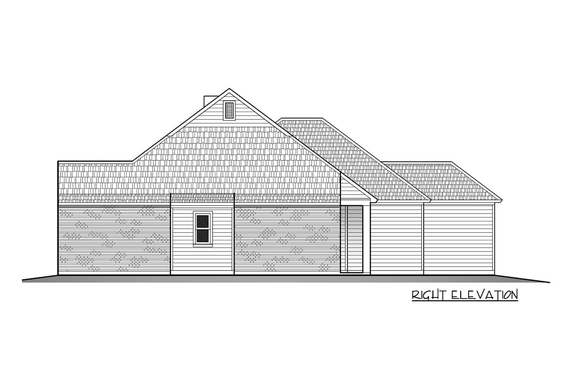 Line drawing of a house right elevation, detailing the roof shingles, brick and wood siding, a small window, and the entrance door.