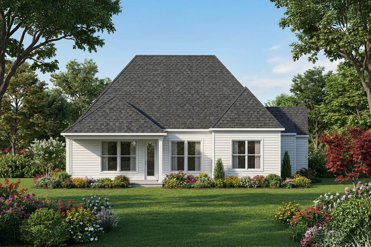 House plan exterior showing a single-story Modern Farmhouse design with a prominent gable roof and large windows.