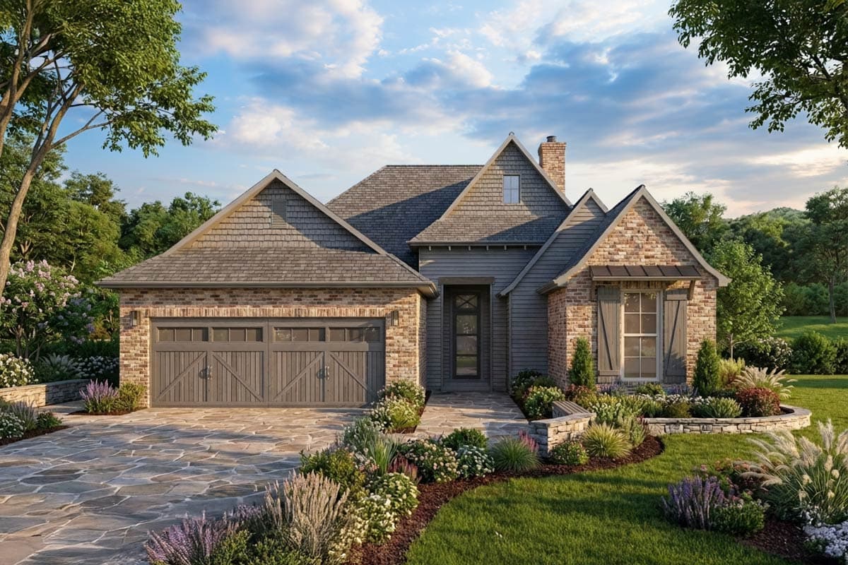 House plan exterior: Modern Farmhouse style, two-story, with a side-entry garage, brick and siding, and prominent gables.