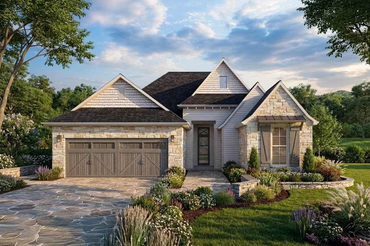 House plan exterior with stone and siding, a two-car garage, multiple gables, and a covered entryway.
