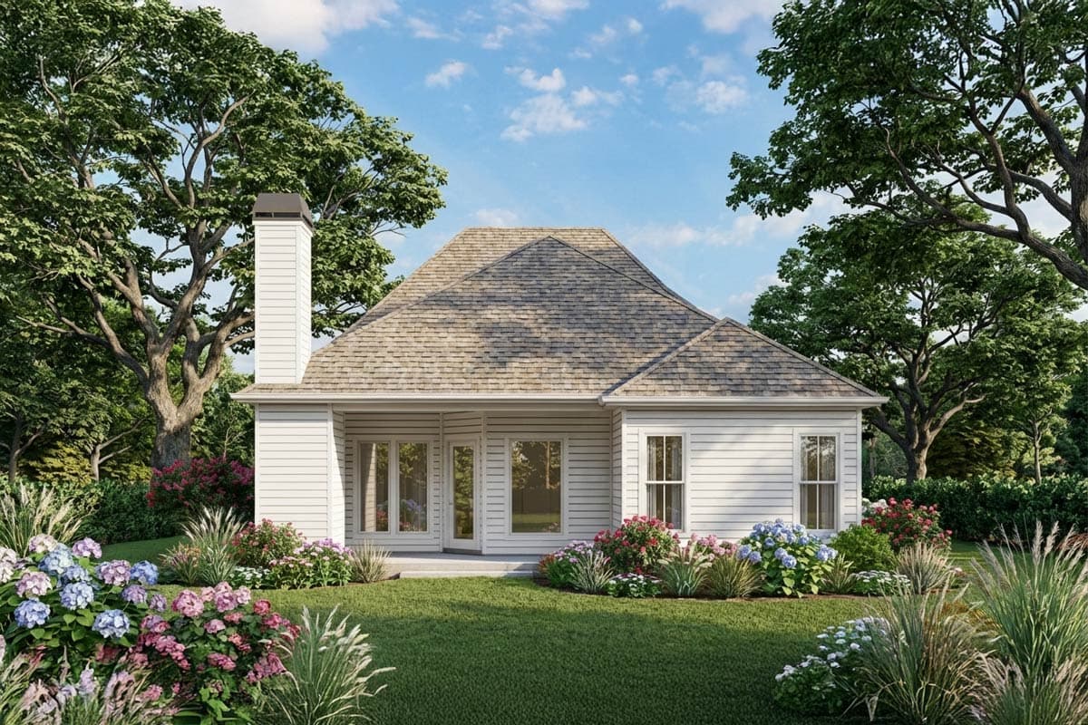 House plan exterior of a one-story home with a prominent chimney, centered gable roof, and large glass doors.