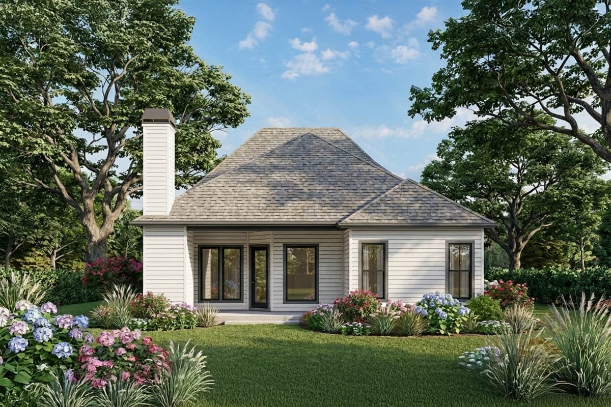 House plan exterior: One-story home with a tall chimney, asphalt shingle roof, and large windows.