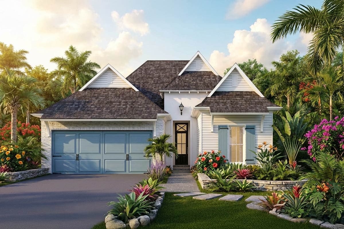 A tropical home with a blue garage door, a pathway leading to a black front door, surrounded by lush landscaping and palm trees under a sunny sky.