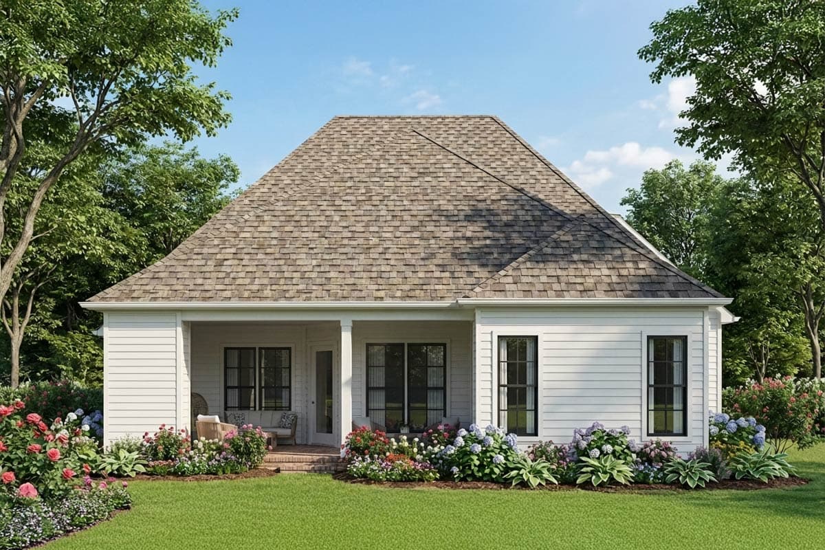 House plan exterior featuring a large hipped roof, covered porch with columns, and horizontal siding.