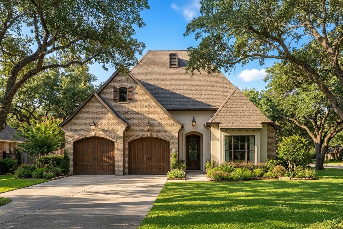 A beautiful two-story home with a brick exterior, arched garage doors, and a well-manicured lawn. Mature trees frame the house under a blue sky.