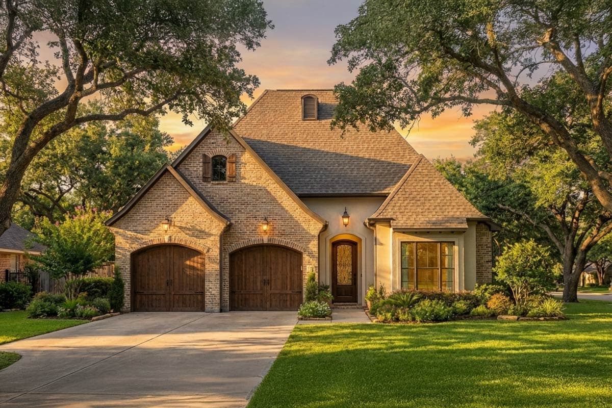 House plan exterior with brick facade, dormer, arched double garage, and prominent gables.