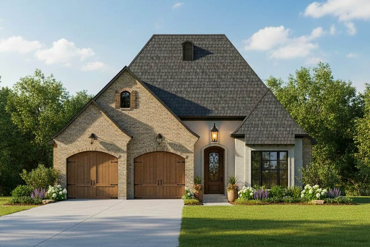 House plan exterior: Two-story French Provincial style with brick facade, double arched garage doors, gabled rooflines, and a covered entry.