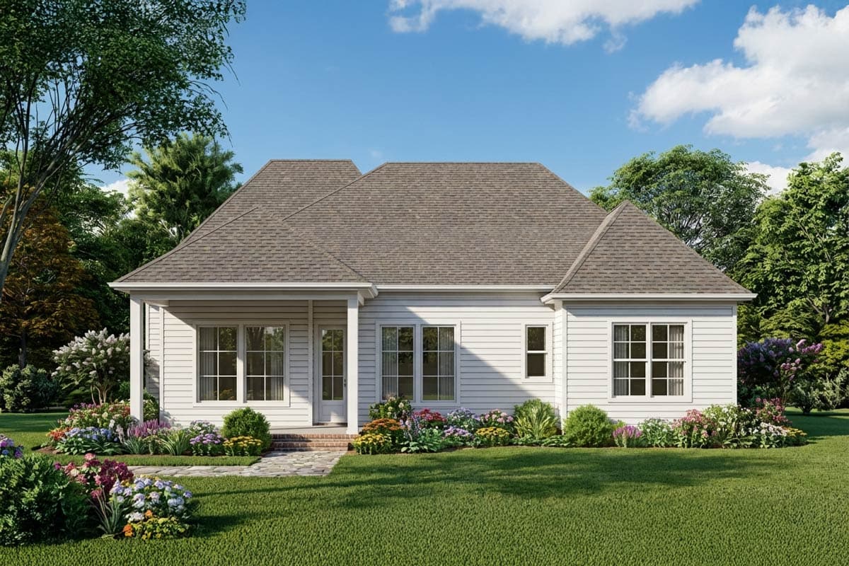 House plan exterior: single-story home with white siding, gabled rooflines, and a covered front porch with columns.