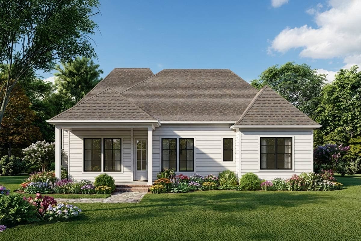 House plan exterior: one-story white siding home with a covered porch, gable dormer, and dark-trimmed windows.