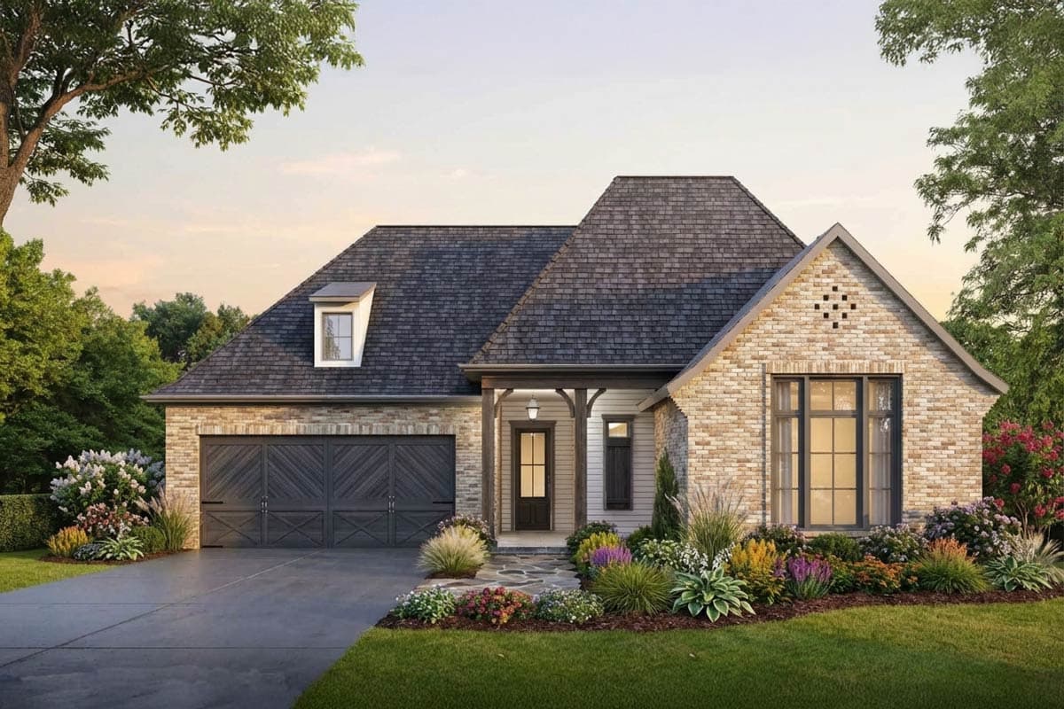 A newly built house with a dark shingled roof, light brick facade, and a beautifully landscaped front yard. A two-car garage is visible.