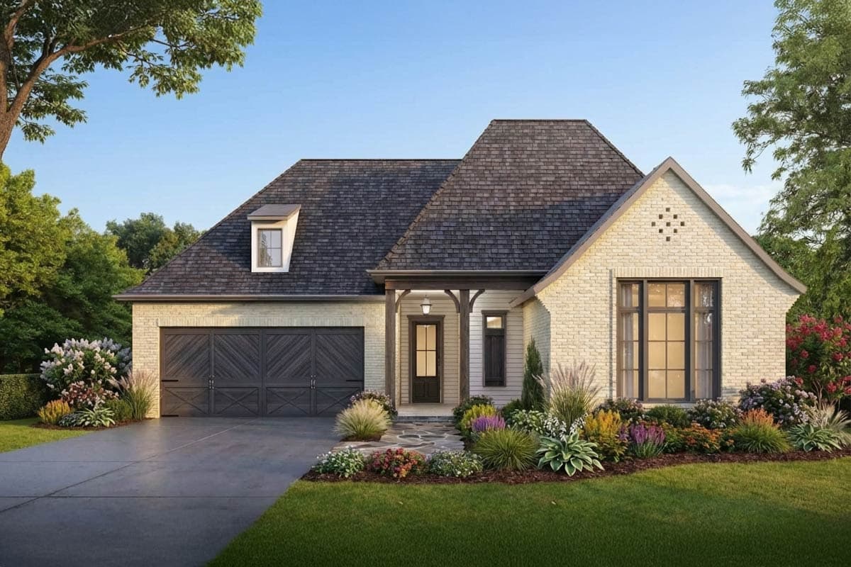 House plan exterior with light brick facade, covered entry porch, pitched roof, dormer, and a two-car garage.