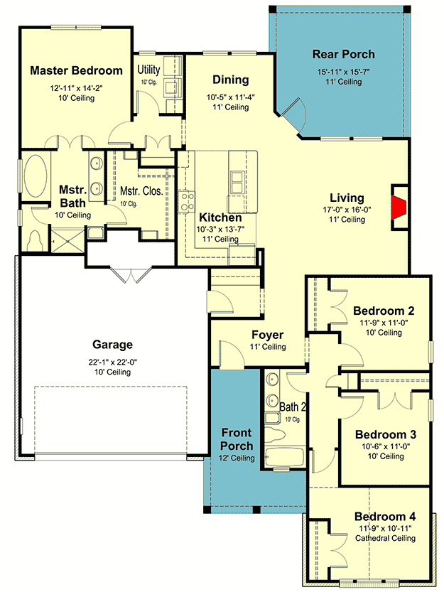 Plan 860023MCD: Darling One-Level House Plan with Split Beds - Floor Plan - Main Level - Acadian, French Country, Louisiana-Style, Southern