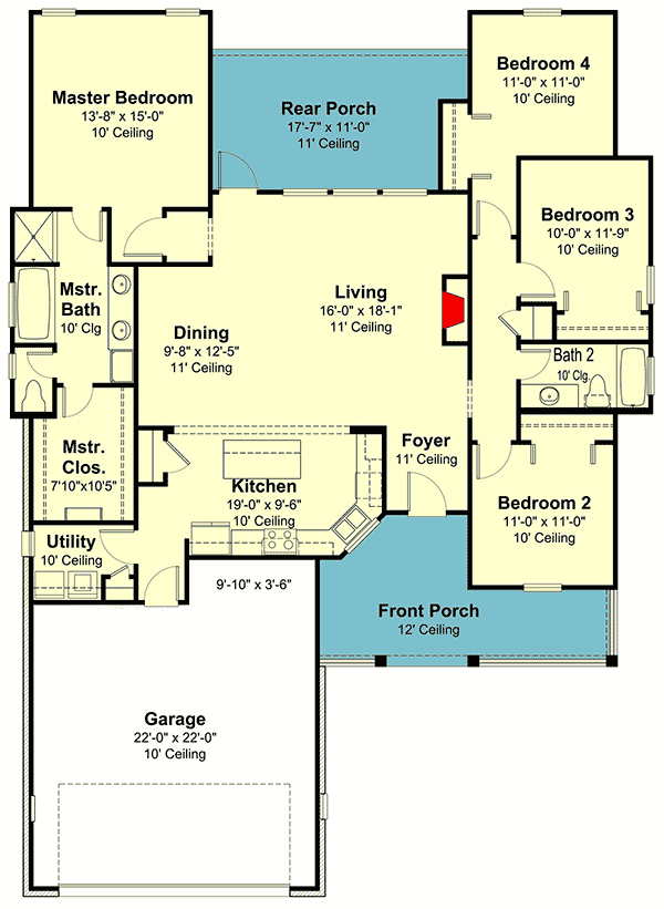 Plan 860024MCD: 4-Bed Ranch Home Plan with Front and Back Porch - Floor Plan - Main Level - Acadian, Cottage, Louisiana-Style, Southern