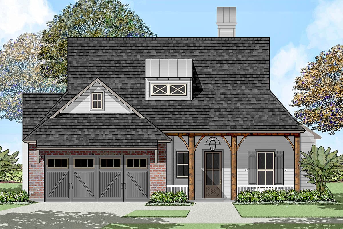 House plan exterior: Modern Farmhouse style, two-story, featuring a gabled dormer, exposed wood beams, and a three-car garage.