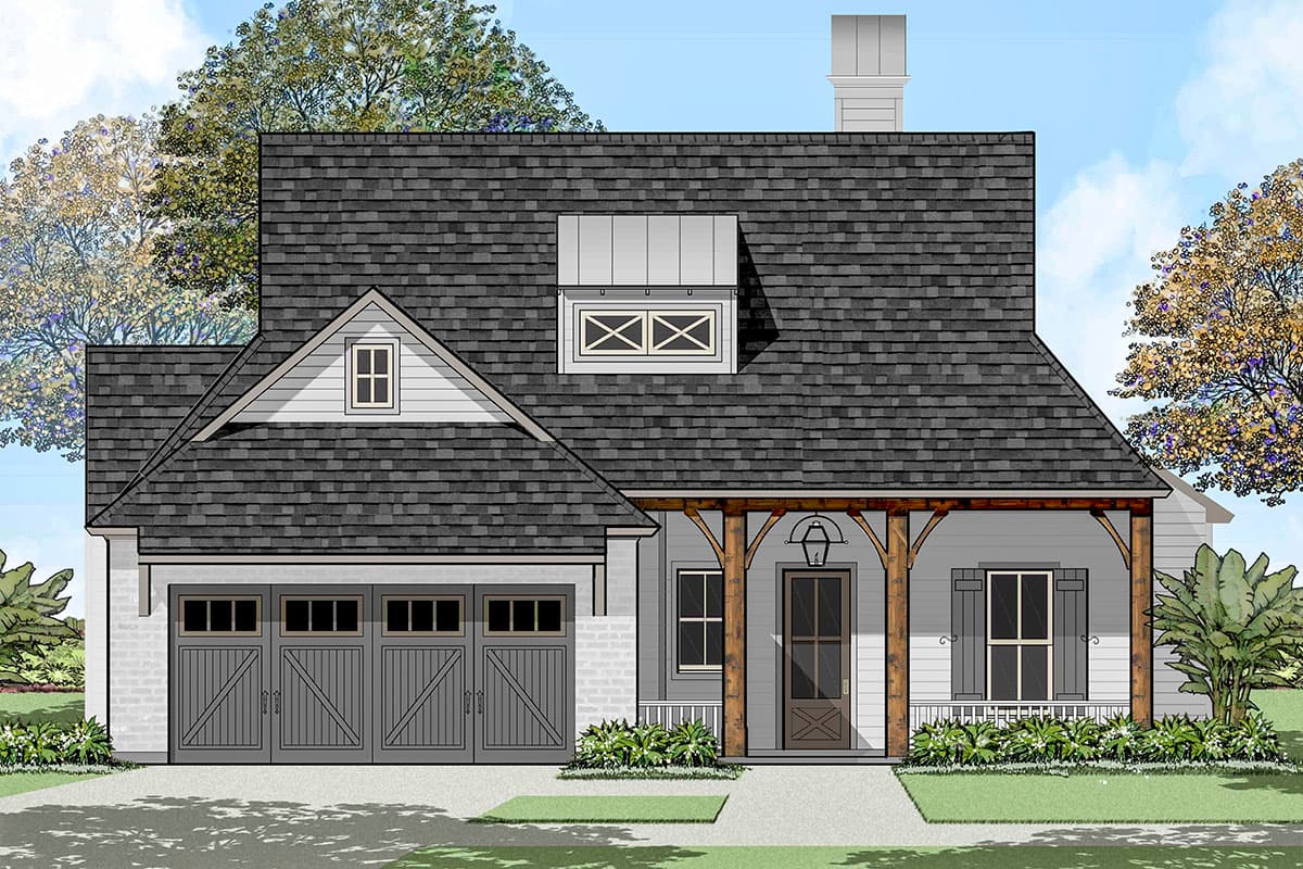 House plan exterior of a two-story home with a three-car garage, gabled dormer, and covered front porch with timber beams.