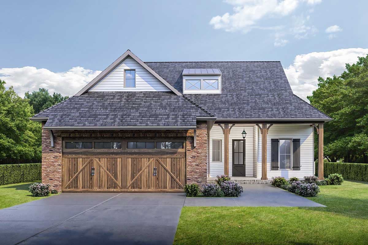 House plan exterior with Craftsman style, two stories, gabled roof, brick accents, and a covered porch with wooden supports and beams.