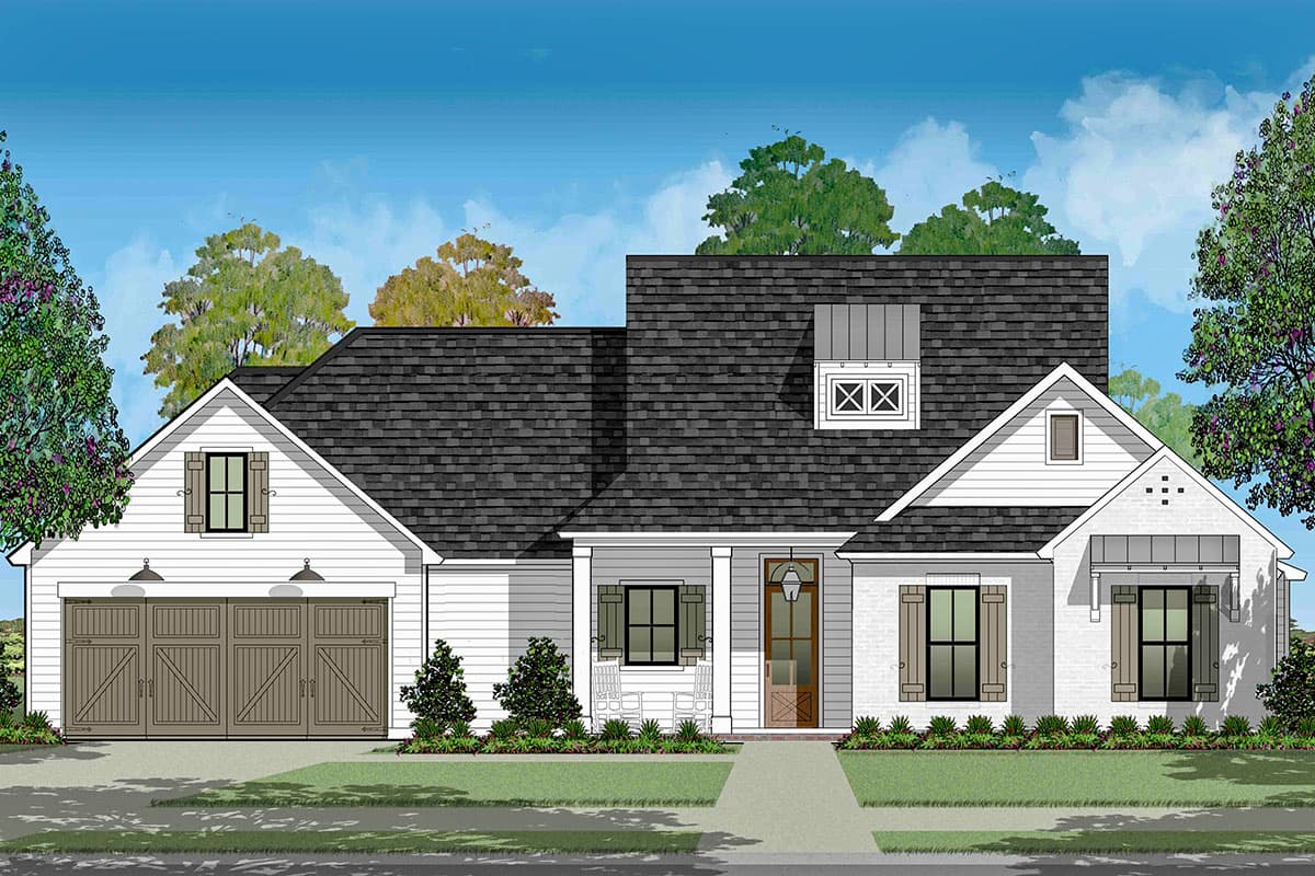House plan exterior: Modern Farmhouse style, one-story, with a side-entry garage, dormer with gambrel roof, and brick accents.