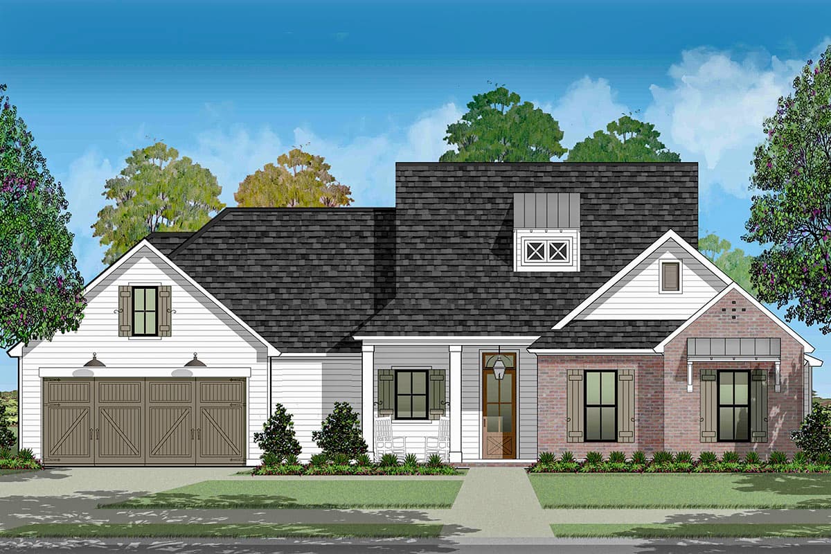 House plan exterior showing a one-story Modern Farmhouse with a side-entry garage, brick accents, and a prominent dormer.
