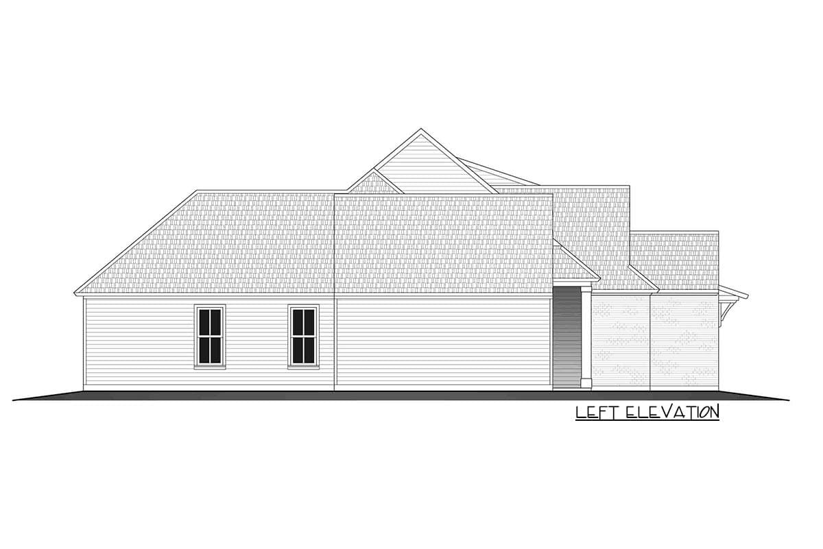 Left elevation drawing of a house plan showing horizontal siding, brick accents, multiple gables, and a prominent roofline.