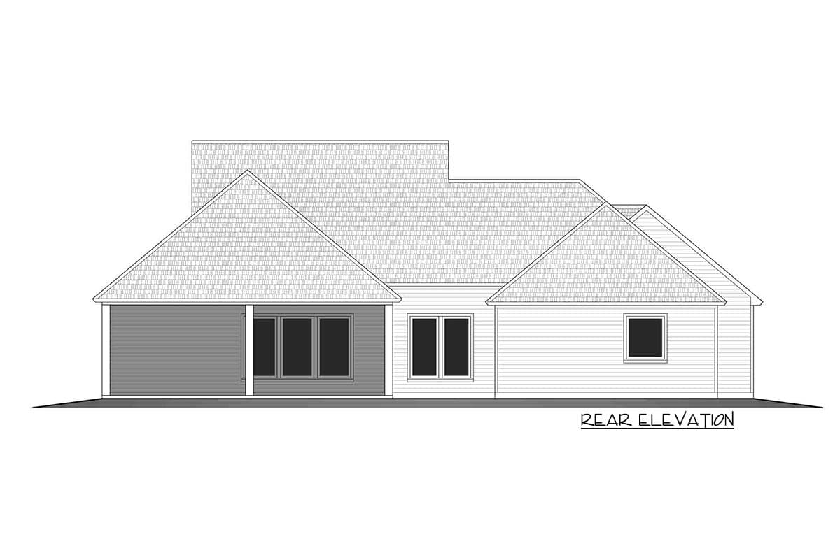 Rear elevation house plan showing a single-story home with multiple gables, a covered porch, and horizontal siding.