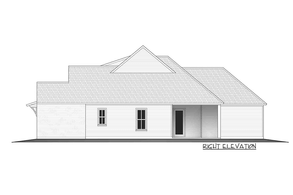 Right elevation of a house plan featuring a gable roof, multiple windows, and a covered porch.