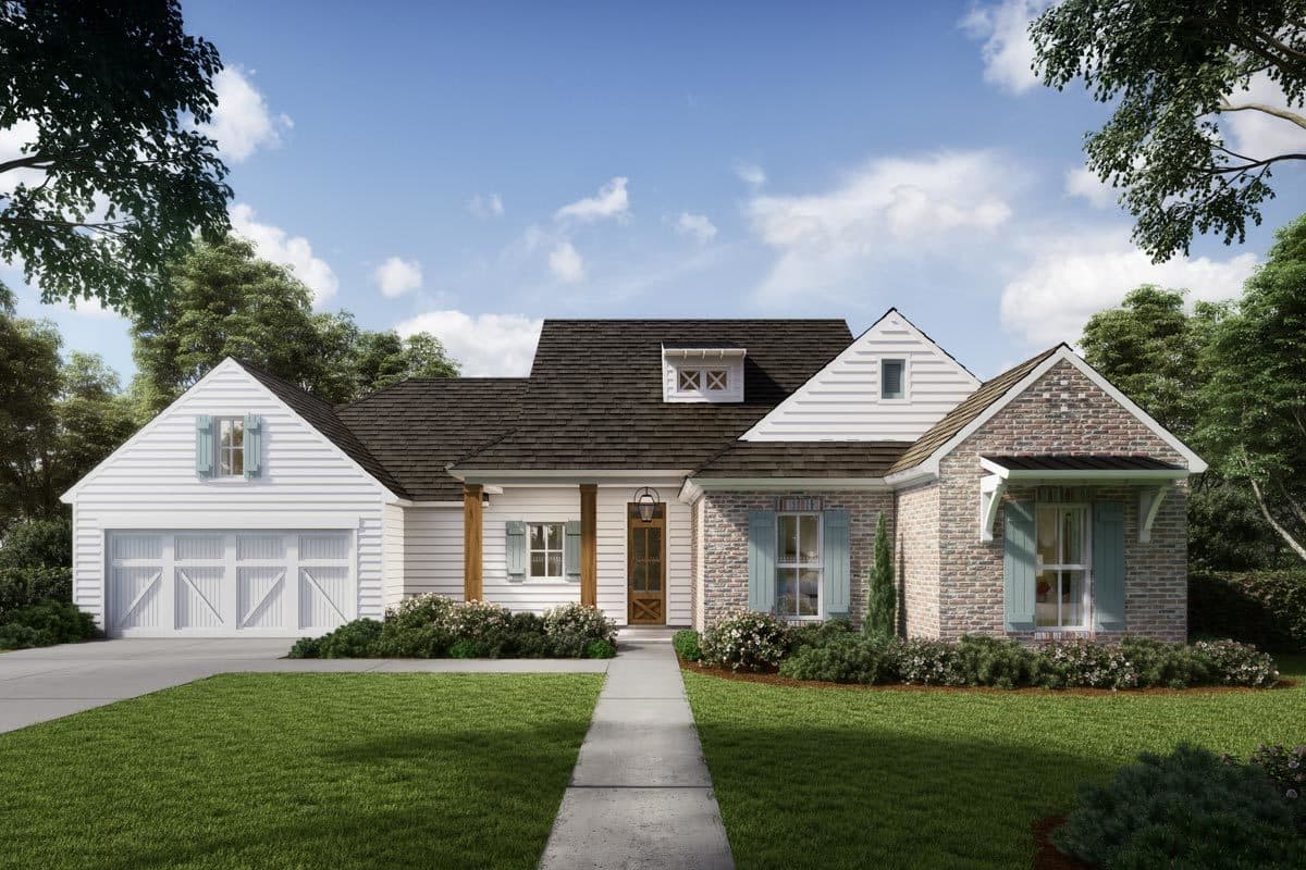 House plan exterior. Two-story Modern Farmhouse with gable roof, dormers, and brick facade. Features include a front porch and a two-car garage.