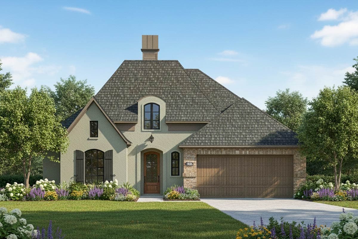 House plan exterior. Two-story French Country style home with a steep gable roof, brick accents, and a front-facing garage.