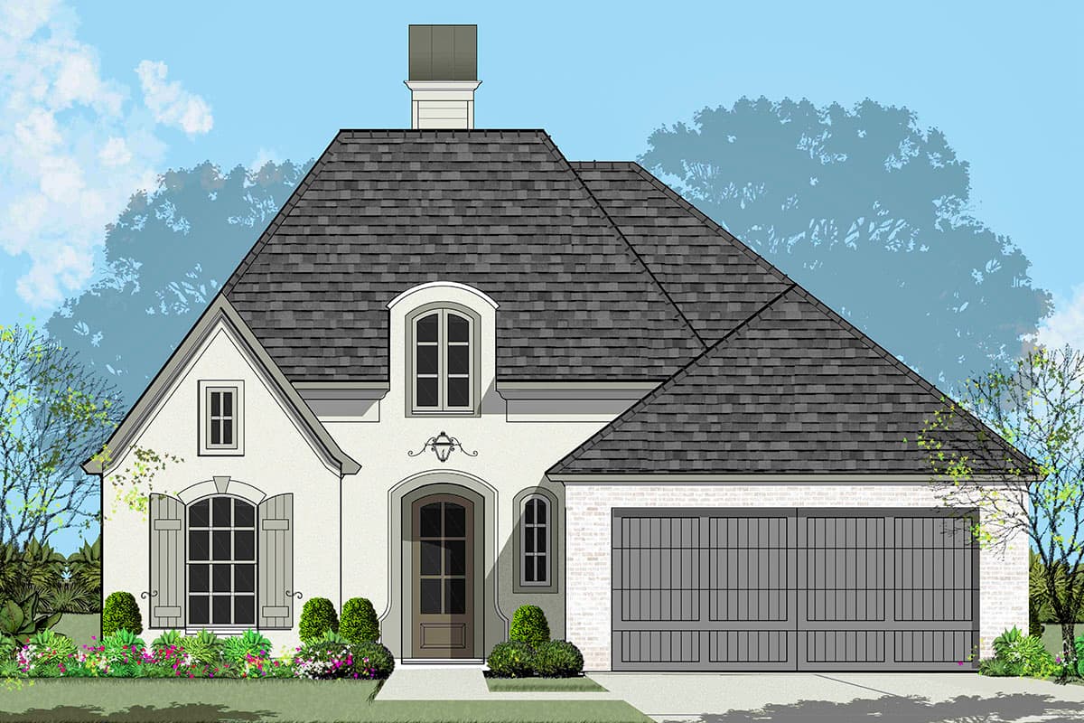House plan exterior featuring a steep hip roof, arched dormer window, stucco facade, and a side-entry garage.