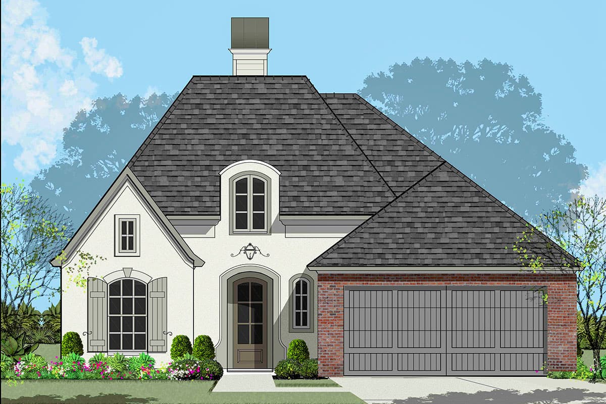 House plan exterior: French Country style, pitched roof, arched windows, shutters, dormer, and attached two-car garage.