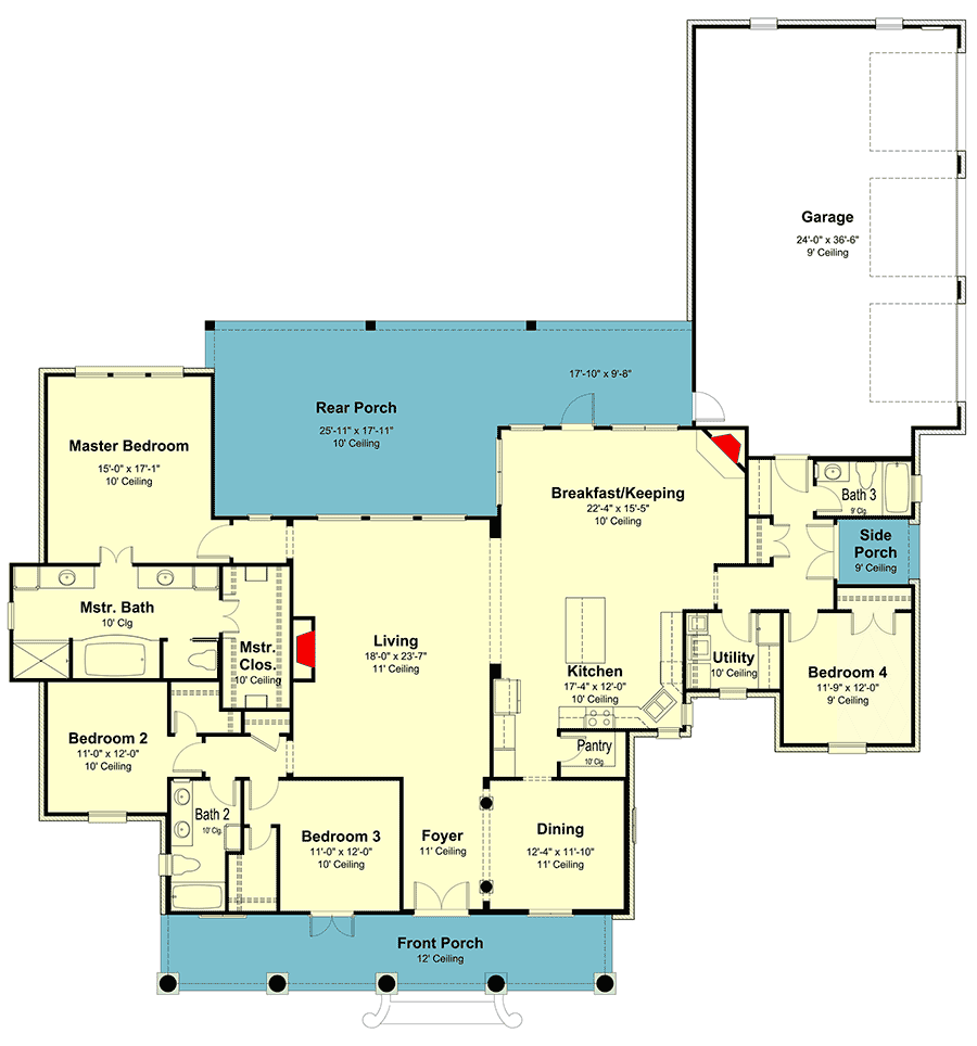 Plan 860032MCD: One-Level Southern Home Plan with Large Covered Porches - Floor Plan - Main Level - Acadian, Country, Louisiana-Style, Southern